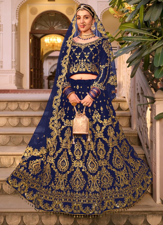 Velvet Blue Bridal Wear Embroidery Work Lehenga Choli